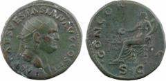 Vespasien, dupondius, Rome, 71 A/IMP CAES VESPASIAN AVG COS III, Tête radiée à droite R/CONCOR[DIA AVGVSTI]/ SC, La Concorde assise à gauche tenant une patère au-dessus d'un autel et une corne d'abond