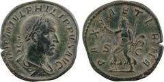 Philippe Ier l'Arabe, sesterce, Rome, 244-249 A/IMP M IVL PHILIPPVS AVG, Buste lauré à droite, drapé et cuirassé, vu de trois quarts en arrière R/PAX AETERNA/ S/ C, La Paix à gauche, tenant une branch