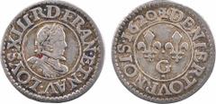 Louis XIII, denier tournois 1er type, essai en argent, 1620 Poitiers A/(à 6 h.) LOYS. XIII. R. D. FRAN. ET. NAV, Buste enfantin du Roi à droite, lauré et cuirassé, avec col plat R/+ DENIER. TOVRNOIS. 