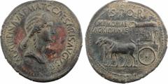 Agrippine Mère (sous Caligula), sesterce, Rome, 40-41 A/AGRIPPINA M F MAT C CAESARIS AVGVSTI Buste drapé à droite R/SPQR/ MEMORIAE/ AGRIPPINAE Carpentum à gauche tiré par deux mules, des cariatides au