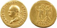 Vespasien, aureus, Rome, 77-78 A/IMP CAESAR VESPASIANVS AVG Buste lauré à gauche R/COS VIII Vespasien debout à gauche, avec une lance, couronné par une victoire TB ,R Or ,19,0 mm ,7,07 g ,6 h. RIC.936