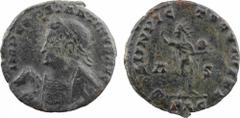 Constantin Ier, follis ou nummus, Lyon, 316 A/IMP CONSTANTINVS AVG Buste diadémé à gauche et tenant un cheval par la bride R/SOLI INVIC - TO COMITI/ P - S// PLG Sol debout à gauche tenant un globe et 