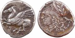 Corinthe, statère, c.330 av. J.-C. A/Anépigraphe Pégase volant à gauche ; au dessous, lettre Q R/A - R Tête d'Athéna à gauche, coiffée du casque corinthien muni du couvre-nuque ; derrière, un petit sa