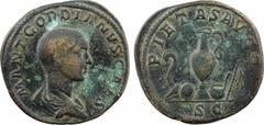 Gordien III César, sesterce, Rome, 238 A/M ANT GORDIANVS CAES Buste drapé à droite, la tête nue R/PIETAS AVGG/ S/ C Instruments de sacrifice TB+, R Bronze, 29,8 mm, 24,30 g, 1 h RIC.3 Quelques points 