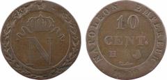 Premier Empire, 10 centimes à l'N couronnée, 1809 La Rochelle A/ Dans le champ, grande N sous une couronne et dans un listel orné d'une couronne formée de deux branches de laurier en creux R/NAPOLEON 
