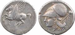 Corinthe, statère, c.350-307 av. J.-C. A/Anépigraphe Pégase volant à gauche ; au dessous, lettre punique R/Anépigraphe Tête d'Athéna à gauche, coiffée du casque corinthien muni du couvre-nuque ; devan