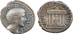 Octave, denier au temple du Divin Jules César, atelier itinérant, 36 av. J.-C A/IMP CAESAR DIVI F III VIR ITER R P C Tête barbue à droite d'Octave R/COS ITER ET TER DESIG Temple tétrastyle inscrit DIV