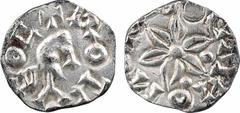 Neustrie, Rouen, denier au buste à droite et fleur, s.d. (après 675) A/+ ROTI - EO C Buste à droite R////GTINO MO ? Fleur à six pétales, deux globules au-dessous TTB, R Argent, 12,9 mm, 1,21 g, 11 h B