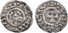 Charles le Simple (au nom de), denier immobilisé, s.d. (c. 950) Troyes A/GRACIA D-I X Monogramme de Charles dégénéré R/+ TRECAS CIV Croix TTB, R Argent, 19,0 mm, 1,35 g, 6 h MG.cf 1413-1414 Fécamp.cf.