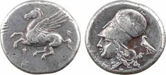 Corinthe, statère, c.345-307 av. J.-C A/Anépigraphe Pégase volant à gauche ; en dessous, lettre punique R/Anépigraphe Tête d'Athéna à gauche, coiffée du casque corinthien, orné d'une couronne de lauri