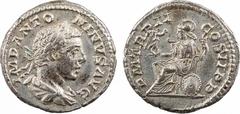 Élagabale, denier, Rome, 219 A/IMP ANTONINVS AVG Buste lauré à droite, drapé et cuirassé, vu de trois quarts en arrière R/P M TR P II COS II P P Rome assise à gauche, tenant une Victoria et une haste 