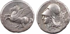 Corinthe, statère, IVe siècle av. J.-C. A/Anépigraphe Pégase volant à gauche ; au-dessous, lettre punique R/Anépigraphe Tête d'Athéna à gauche, coiffée du casque corinthien muni du couvre-nuque ; derr