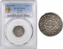 Charles le Chauve, denier à la porte, Orléans, PCGS XF45 A/+ CARLVS REX FR Croix cantonnée de quatre besants R/(à 6 h.) +. AVRE - .LI. - ANIS. Porte de ville TTB Argent, 20,0 mm, 10 h D.725 (75 ex.) M