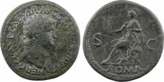 Néron, sesterce, Rome, 65 A/NERO CLAVD CAESAR AVG GER P M TR P IMP P P Tête laurée à droite, avec l'égide sur l'épaule gauche R/A l'exergue, ROMA/ S/ C Roma casquée, en habit militaire, assise à gauch