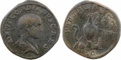 Gordien III César, sesterce, Rome, 238 A/M ANT GORDIANVS CAES Buste drapé à droite, la tête nue R/PIETAS AVGG/ S/ C Instruments de sacrifice TB, R Bronze, 29,8 mm, 15,82 g, 1 h RIC.3 C.183 Rare sester