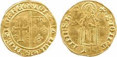 Provence (comté de) ou Naples (royaume de), Jeanne d'Anjou, florin d'or, 1343-1347 Naples ou 1372 Saint-Rémy-de-Provence A/+ IOhANA: DEI: GR: IhR: SICL: REG Champ parti de Jérusalem et d'Anjou R/+. S.