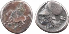 Corinthe, statère, c.345-307 av. J.-C A/Anépigraphe Pégase volant à gauche ; en dessous, lettre punique R/Anépigraphe Tête d'Athéna à gauche, coiffée du casque corinthien, orné d'une couronne de lauri