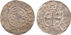 Vermandois (comté de), Héribert III et Lothaire, denier, s.d. (987-1002) A/+ LODARIVS REX Tête barbue à gauche R/(à 11 h.) HERBERTVS CO Croix cantonnée de quatre besants TTB, RR Argent, 20,4 mm, 1,22 