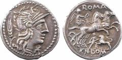 Roman republican coins Domitia, denier, Rome, 128 av. J.-C. A/Anépigraphe Tête casquée de Roma à droite ; devant, XVI en monogramme ; derrière, un épi de blé R/ROMA/ CN DOM La Victoire dans un bige à 