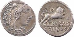 Roman republican coins Thoria, denier, Rome, 105 av. J.-C. A/I. S. M. R Tête de Junon Sospita à droite, coiffée de la peau de chèvre R/L THORIVS/ BALBVS Taureau chargeant à droite ; au dessus, marque 