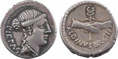 Roman republican coins Postumia, denier, Rome, 48 av. J.-C. A/PIETAS Tête de la Piété à droite R/ALBINVS BRVTI F Deux mains jointes tenant un caducée ailé Argent 19,3 mm 3,84 g 8 h TTB RRC.450/2, RCV.