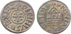 Carolingian coins Pépin I ou II d'Aquitaine, denier au temple A/+ PIPINVS REX EQ Croix cantonnée de quatre besants R/+ XPISTIANA RELIGIO Temple avec croisette centrale Argent 19,9 mm 1,76 g 5 h TTB, R