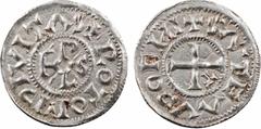 Carolingian coins Rouen, monastère Saint-Ouen, denier au monogramme de Charles, s.d. (milieu du Xe s.) A/(à 1 h.) ROTOM [C]IVITAS, C inversé Monogramme carolin sous forme C, R, L et S R/+ SA-TE AV[C]O