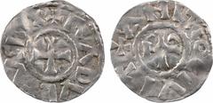 Carolingian coins Raoul et l'évêque Adélard, denier, s.d. (après 923) Le Puy A/+ RADVLFVS REX Croix R/(à 9 h.) + ANIT(I)O CIVIT Monogramme dégénéré Argent 19,8 mm 1,19 g 10 h TB+, RRR D.794 (3 ex.), M
