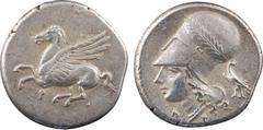 Greek coins Corinthe, statère, c.345-307 av. J.-C A/Anépigraphe Pégase volant à gauche ; en dessous, lettre punique R/Anépigraphe Tête d'Athéna à gauche, coiffée du casque corinthien, orné d'une couro