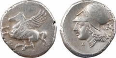 Greek coins Corinthe, statère, c.370-307 av. J.-C A/Anépigraphe Pégase volant à gauche ; en dessous, lettre punique R/Anépigraphe Tête d'Athéna à gauche, coiffée du casque corinthien, orné d'une couro