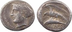 Greek coins Paphlagonie, Sinope, drachme, c.410-350 av. J.-C. A/Anépigraphe Tête de la nymphe Sinope à gauche, les cheveux tenus dans un saccos ; le tout dans un grènetis R/?IN? Aigle volant à gauche,