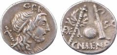 Roman republican coins Cornelia, denier, Rome, 76-75 av. J.-C. A/G.P.R Buste diadémé et drapé du Génie du Peuple Romain à droite, un sceptre posé sur l'épaule droite R/EX/ S C/ CN LEN Q Globe entre un