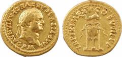 Roman imperial coins Titus, aureus, Rome, janvier à juin 80 A/IMP TITVS CAES VESPASIAN AVG P M Buste à droite, lauré R/TR P IX IMP XV COS VIII P P Trépied surmonté d'un dauphin Or 18,4 mm 7,10 g 6 h S
