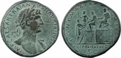 Roman imperial coins Hadrien, sesterce, Rome, 118 A/IMP CAESAR TRAIAN-VS HADRIANVS AVG Buste nu, tête laurée, à droite, avec pan de draperie sur l'épaule gauche R/PONT MAX TR P[OT] COS II/ LIBERALITAS