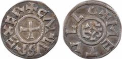 Carolingian coins Charles le Chauve, denier, Melle A/+ CARLVS REX FR Croix R/(à 1 h.) + METVLLO Monogramme de Charles Argent 20,2 mm 1,56 g 2 h TTB+ D.606 (5754 ex.), MG.1063 P.692 Un denier classique