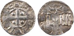 Carolingian coins Otton I ou II (936-973-983), denier immobilisé, Cologne A/Légende rétrograde ODDO [IMP AVG ?] Croix cantonnée de quatre globules Sous une S barrée, oLoNII Argent 18,5 mm 1,22 g 3 h T