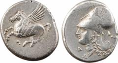 Greek coins Corinthe, statère, c.370-307 av. J.-C A/Anépigraphe Pégase volant à gauche ; en dessous, lettre punique R/Anépigraphe Tête d'Athéna à gauche, coiffée du casque corinthien, orné d'une couro
