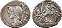 Roman republican coins Servilia, denier, Rome, 100 av. J.-C. A/RVLLI Buste casqué de Minerve à gauche, avec l'égide R/A l'exergue, [P] SERVILI M F La Victoire dans un bige à droite, tenant une palme ;