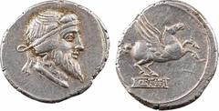 Roman republican coins Titia, denier, Rome, 90 av. J.-C. A/Anépigraphe Tête masculine à droite, portant une longue barbe et un diadème ailé R/A l'exergue, Q TITI dans un cartouche Pégase volant à droi