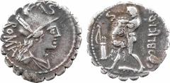 Roman republican coins Poblicia, denier serratus, Rome, 80 av. J.-C. A/ROMA Buste casqué et drapé de Roma à droite ; au dessus, la lettre de contrôle R/C POBLICI Q F Hercule nu, debout à gauche, comba