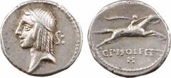 Roman republican coins Calpurnia, denier, Rome, 67 av. J.-C. A/Anépigraphe Tête diadémée d'Apollon à gauche ; derrière, symbole de contrôle R/C PISO L F FRV/ (lettre) Cavalier nu, galopant à droite Ar