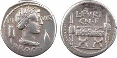 Roman republican coins Furia, denier, Rome, 63 av. J.-C. A/III-VIR/ BROCCHI Buste drapé de Cérès à droite, couronnée d'épis de blé ; devant, un grain de blé et derrière, un épi de blé R/L FVRI/ CN F C
