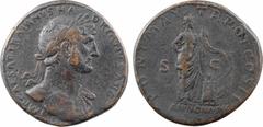 Roman imperial coins Hadrien, sesterce, Rome, 118 A/IMP CAESAR TRAIANVS HA - DRIANVS AVG Buste nu, tête laurée, à droite, avec pan de draperie sur l'épaule gauche R/PONT MAX TR POT COS II/ ANNONA AVG/