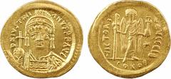 Byzantine coins Justinien Ier, solidus, Constantinople ou Carthage, 12 (officine, année ou numéro de coin), c.540-550 A/D N IVSTINI - ANVS P P AVI Buste diadémé et casqué vu de face, avec cuirasse, te