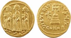 Byzantine coins Héraclius, Héraclius Constantin et Héraclonas, solidus, Constantinople, 4e officine, 638-639 A/Anépigraphe Héraclonas à gauche, Héraclius au centre et Héraclius Constantin à droite deb