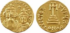Byzantine coins Constant II et Constantin IV, solidus, Constantinople, 8e officine, 654-659 A/d N CONSTANTINVS C CONSTANI Bustes de Constant II et de Constantin IV couronnés et drapés, vus de face ; a
