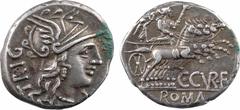 Roman republican coins Curiatia, denier, Rome, 135 av. J.-C. A/TRIG Tête casquée de Roma à droite ; devant, valeur X R/C CVR F/ ROMA Junon dans un quadrige à droite, brandissant un sceptre Argent 18,0