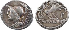 Roman republican coins Servilia, denier, Rome, 100 av. J.-C. A/RVLLI Buste casqué de Minerve à gauche, avec l'égide R/A l'exergue, P SERVILI M F La Victoire dans un bige à droite, tenant une palme ; d