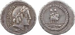 Roman republican coins Fonteia, denier, Rome, 85 av. J.-C. A/M N FONTEI C F Tête laurée d'Apollon à droite ; devant, les lettres AP en monogramme ; en dessous, un foudre R/Anépigraphe Cupidon assis su