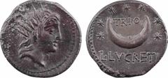 Roman republican coins Lucretia, denier, Rome, 76 av. J.-C. A/Anépigraphe Buste radié de Sol à droite R/L LVCRETI/ TRIO Croissant surmonté de sept étoiles Argent 17,5 mm 3,50 g 7 h SUP / SUP+, R RRC.3